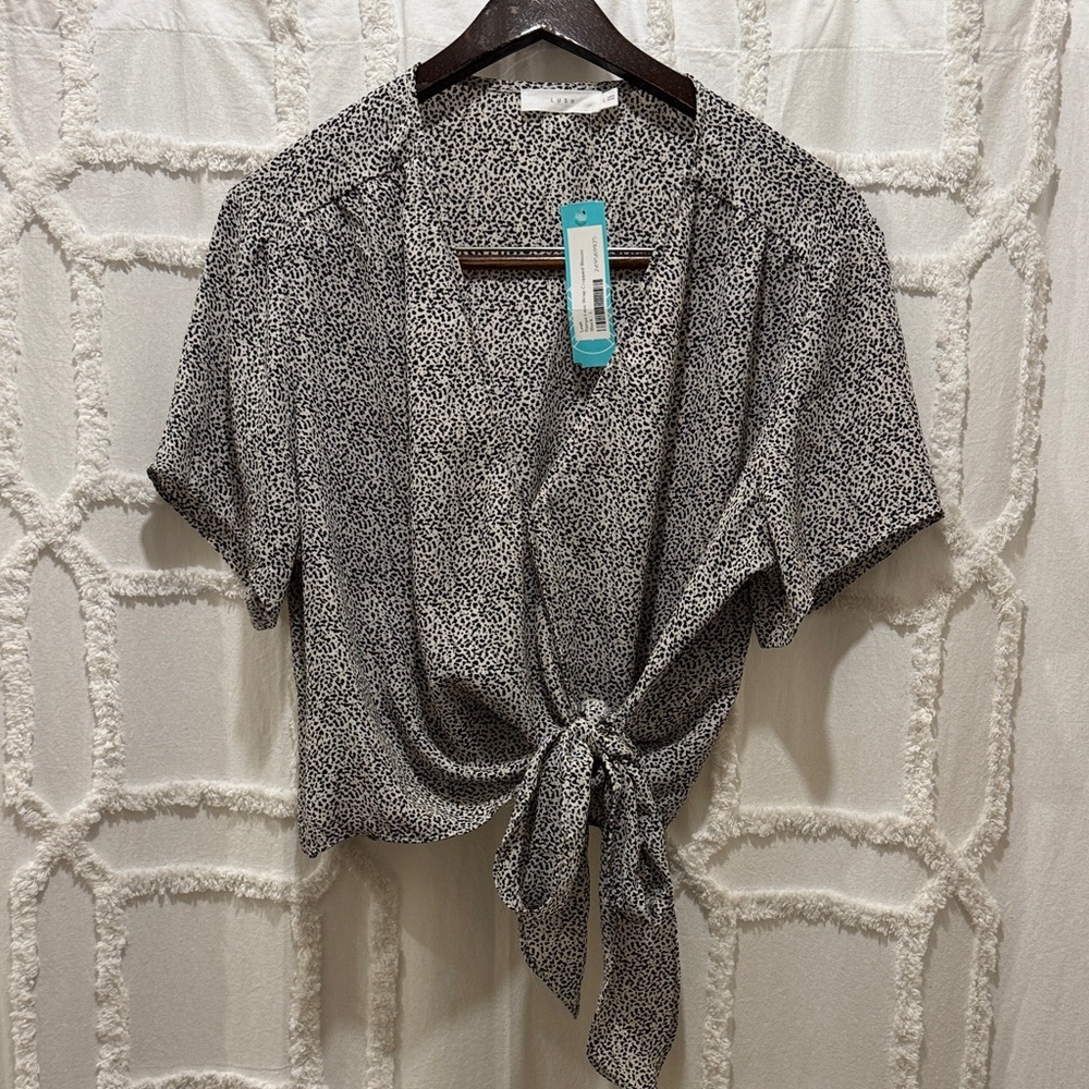 Lush Black and White Patterned Tie-Front Blouse
